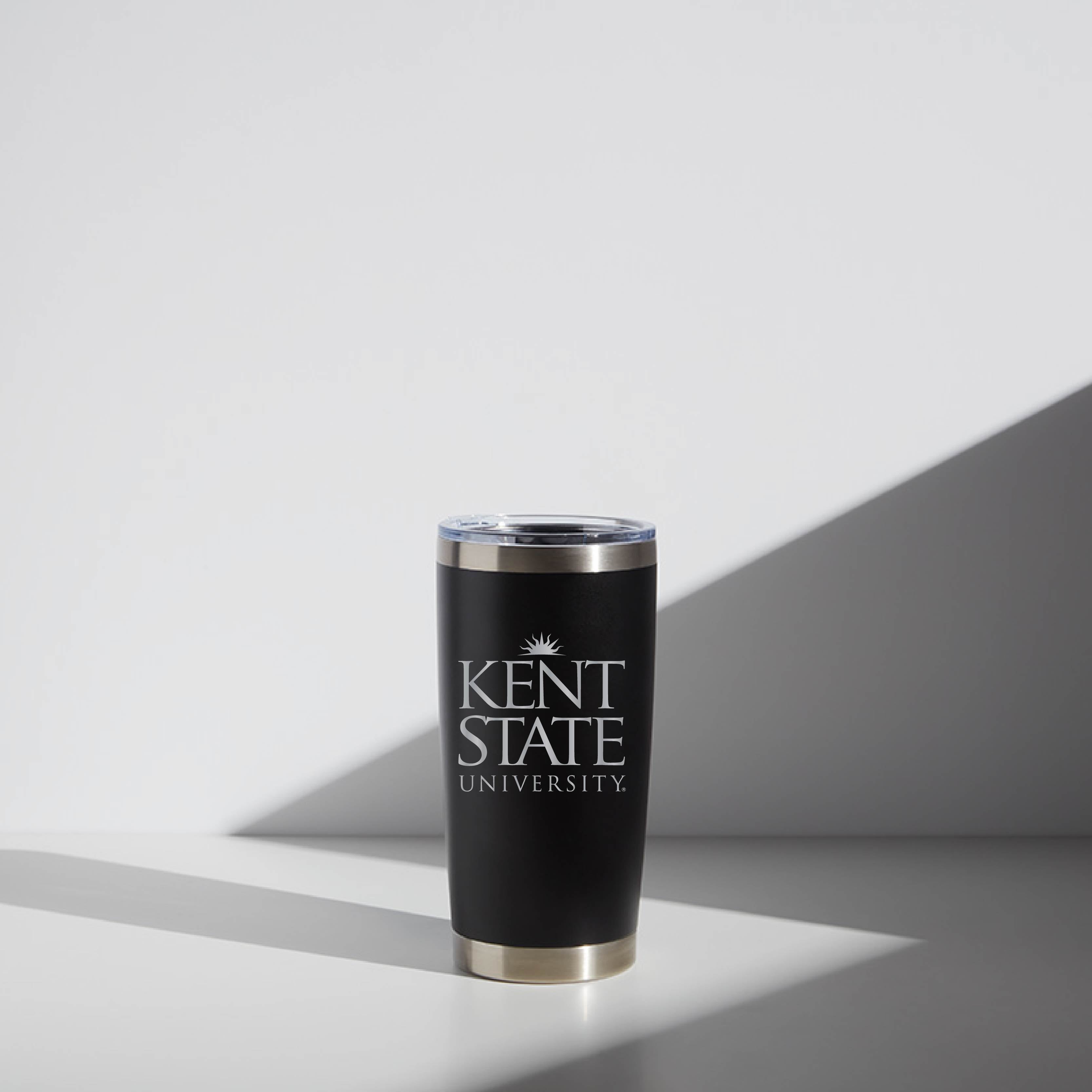 20 oz WATR black insulated tumbler with a Kent State University logo, featuring a clear lid, displayed on a light background with a defined shadow.