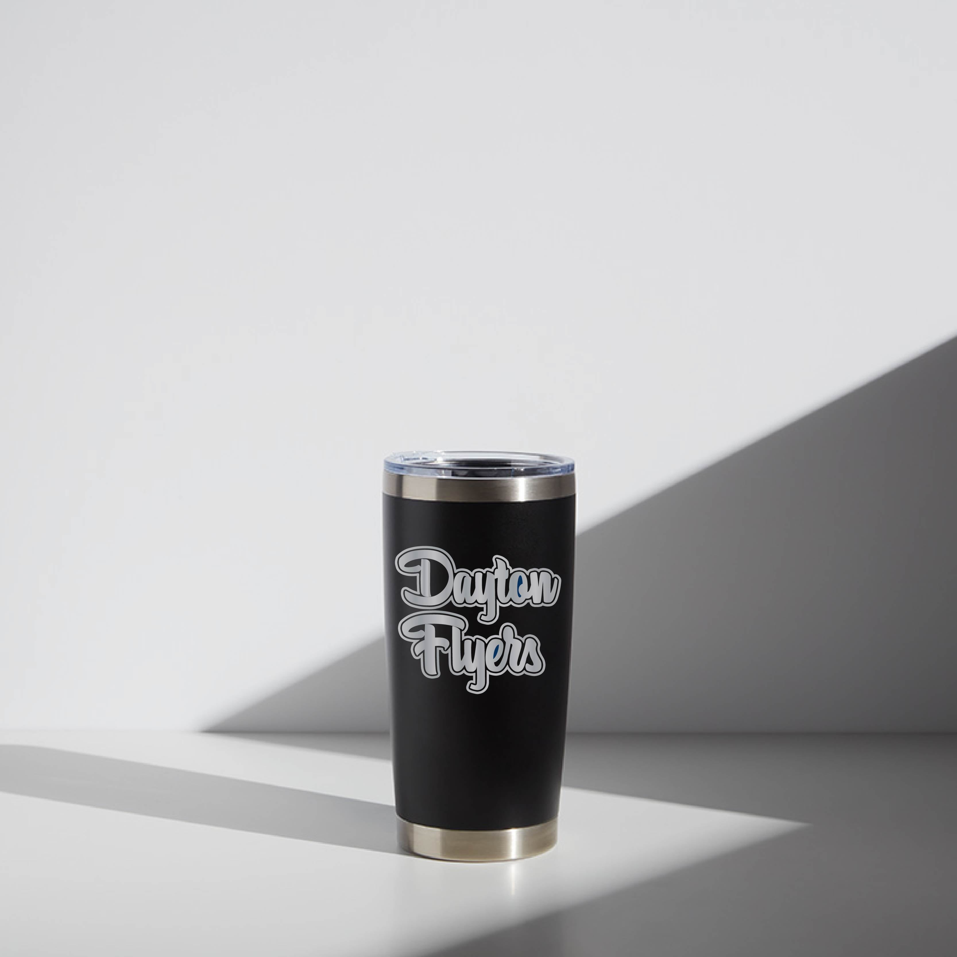 A 20 oz WATR black tumbler featuring the "Dayton Flyers" logo in stylish script font, displayed on a light background with a subtle shadow effect.