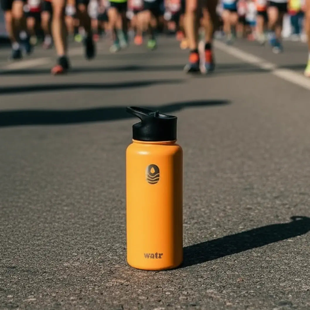 Orange insulated stainless steel water bottle with WATR logo, sitting on pavement at the start of a road race with runners' legs visible in the background