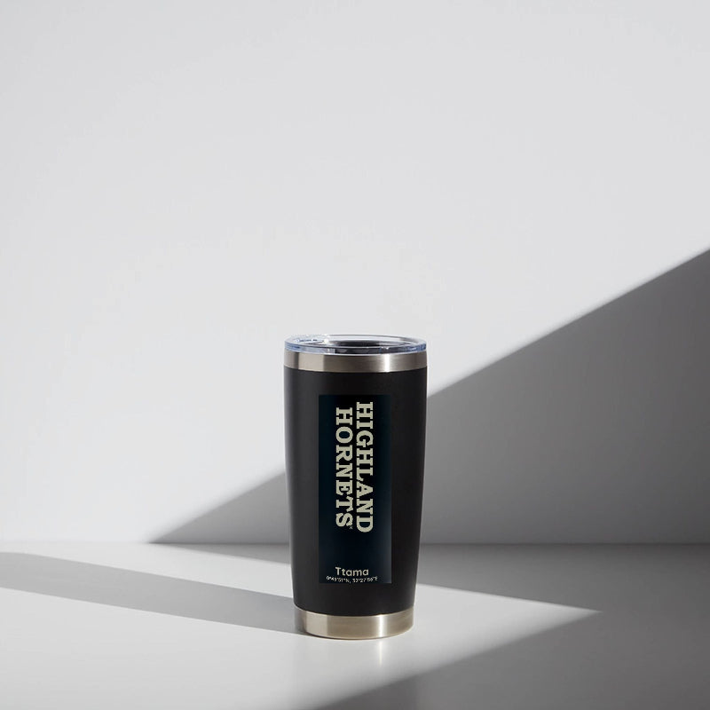 Black tumbler with silver rim and 'Highland Hornets' text on a white background