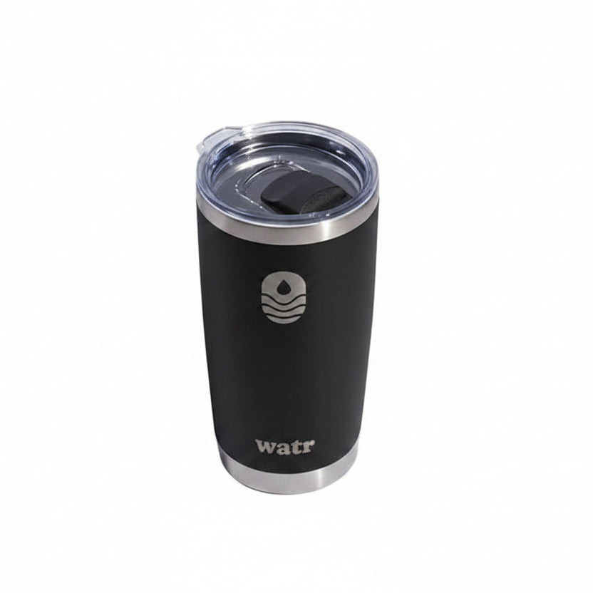 White 20 oz WATR branded insulated tumbler with a clear lid, featuring the Manta United Soccer logo on a light background.